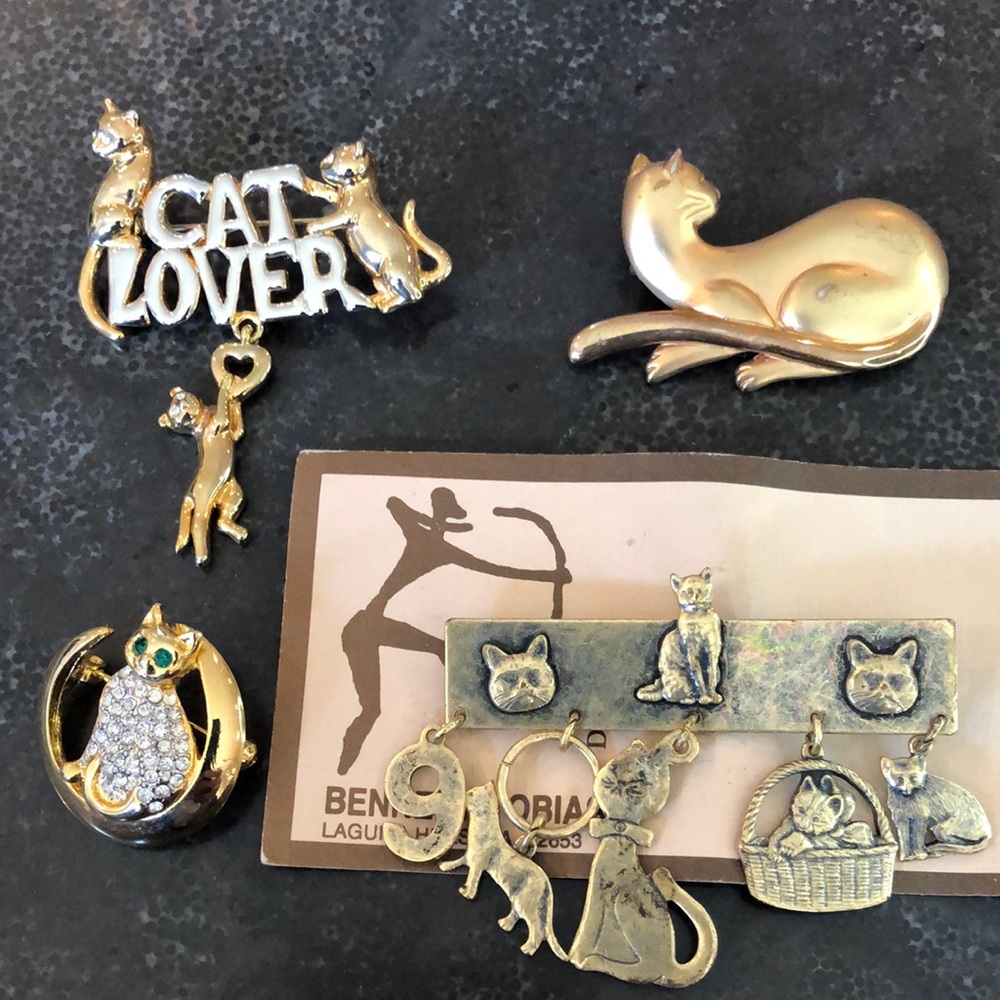 Cat Lover Brooch Pin Set - Gold tone